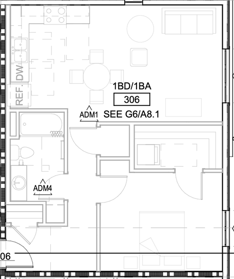Floor plan for 1 bed, 1 bath, 758 sqft
